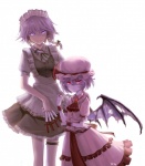  Score: 30 Tags:  2girls bat_wings bow dress girls g_scream hairband hat highres izayoi_sakuya knife long_nails maid nail_polish purple_eyes purple_hair red_eyes remilia_scarlet ribbon_(ribbons) short_hair smile torn_wings touhou twin_braids white wings 