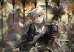  Tags: alcd (pixiv),animal,blush,butterfly,camera,depth of field,dress,fantasy,fence,flower (flowers),girl,grey hair,horse,insect,long hair,looking away,original,pendant,pixiv fantasia,pixiv fantasia fallen kings,plant (plants),single,yellow eyes