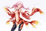  Score: 43 Tags: black thighhighs,bodysuit,detached sleeves,girl,guilty crown,hairclip,highres,long hair,navel,nikan,pink hair,red eyes,simple background,single,white,yuzuriha inori