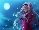  Tags: coat,girl,hairband,idolmaster,long hair,looking at viewer,moon,nanaran,purple eyes,shijou takane,single,smile,snowflake (snowflakes),white hair