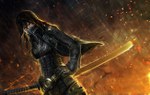  Score: 61 Tags: armor,brown hair,girl,gloves,hand on hip,katana,light,long hair,nagare-boshi (artist),original,rain,realistic,solo,yellow eyes