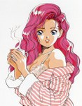  Tags: bare shoulders,blue eyes,bra,girl,holding,light erotic,long hair,looking at viewer,mug,nail polish,pajamas,pink hair,simple background,solo,steam,striped,tall image,ujin,wavy hair,white