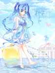  Score: 17 Tags: barefoot,blue eyes,blue hair,cloud (clouds),dress,girl,hatsune miku,hmniao,long hair,single,stairs,stuffed animal,tall image,twintails,vocaloid,water