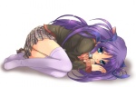  Score: 17 Tags: blue eyes,girl,hair ribbon,little busters!,long hair,looking at viewer,lying,purple hair,sakura neko,sasasegawa sasami,school uniform,simple background,single,skirt,thighhighs,twintails,white