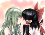  Tags: 2girls,black hair,blush,eyes closed,green eyes,hair bow,hakurei reimu,kiss,kochiya sanae,long hair,shoujo ai,suzushiro yukari (artist),touhou