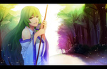  Score: 49 Tags: broom,detached sleeves,girl,green eyes,green hair,kochiya sanae,long hair,multicolored hair,rby (artist),solo,touhou,tree (trees)
