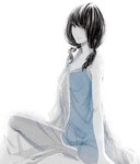  Score: 207 Tags: bare shoulders,black hair,girl,grey eyes,long hair,looking at viewer,monochrome,open mouth,original,sawasawa,simple background,single,sitting,tall image,transparent clothing,twintails,white