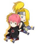  Tags: 2boys,akatsuki,bag,bandana,blonde hair,blue eyes,blush,brown eyes,chibi,cloak,deidara,highres,long hair,looking at viewer,looking back,nail polish,naruto,open mouth,ponytail,red hair,sasori,short hair,single,sitting,sleeveless,smile,tall image,teeth