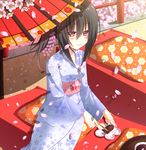  Tags: black hair,blush,cherry blossoms,flower (flowers),food,girl,hair ornament,japanese clothes,knife,lips,long hair,oriental umbrella,original,petals,red eyes,side ponytail,single,sishen (artist),smile,sunlight,tall image,traditional clothes,tree (trees),umbrella,yukata