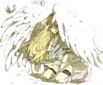  Score: 73 Tags: afuro terumi,angel wings,blonde hair,feather (feathers),girl,highres,inazuma eleven,kbt (artist),kneeling,long hair,red eyes,tears,white,wings