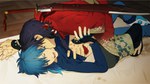  Score: 27 Tags: 2boys,aoba (dmmd),blue hair,dramatical murder,fingerless gloves,kimono,koujaku,lying,male,open mouth,short hair,shounen ai,sword,traditional clothes,weapon,wide image,wink,yellow eyes