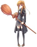  Tags: black thighhighs,broom,brown hair,dress,girl,long hair,original,purple eyes,simple background,single,tall image,teddy bear,totsuka (kapadaizin)