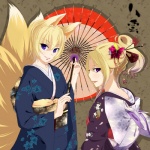  Score: 17 Tags:  2girls animal ears animal tail blonde hair fox ears foxgirl fox tail hair ornament japanese clothes kimono multiple tails nikka (artist) purple eyes touhou umbrella yakumo ran yakumo yukari 