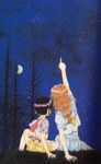  Tags: 2girls,from behind,long hair,moon,night,orange hair,pointing,purple hair,seifuku,seraphic feather,short hair,shorts,star (stars),tall image,tree (trees)