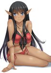  Tags: bikini,black hair,blue eyes,chiro (pixiv),dark elf,dark skin,girl,light erotic,long hair,original,pointy ears,simple background,single,smile,tall image,white
