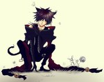  Score: 27 Tags: animal,bell,black hair,butterfly,cheshire cat,flower (flowers),grass,hair over eyes,male,open mouth,pandora hearts,solo,sweets,tail,thigh boots