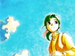  Tags:  ashinano_hitoshi cloud green_hair hatsuseno_alpha ponytail purple_eyes sky wallpaper yokohama_kaidashi_kikou 