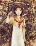  Score: 9 Tags: brown eyes,brown hair,girl,haibane renmei,halo,highres,plant (plants),rakka,short hair,solo,tall image,wings