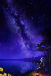  Tags: blue eyes,dress,flower (flowers),girl,hair ornament,hebino (snake nest),lamp,long hair,looking up,milky way,night,original,silver hair,single,tall image,tree (trees)