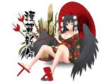  Tags: black hair,breasts,girl,gmot,hat,highres,japanese clothes,kimono,large breasts,light erotic,long hair,new year,red eyes,reiuji utsuho,simple background,single,touhou,traditional clothes,umbrella,white,wings,wink