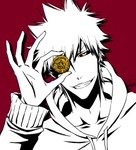  Score: 27 Tags: bleach,coin,fringe,holding,hollow,kurosaki ichigo,red,short hair,simple background,smile,tall image,yellow eyes