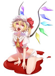  Score: 8 Tags: ascot,blonde hair,blood,bonnet,crystal,fang (fangs),flandre scarlet,girl,highres,open mouth,pointy ears,puchiman (artist),red eyes,short hair,side ponytail,simple background,solo,tall image,vampire,wings