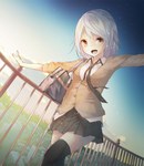  Score: 6 Tags: black thighhighs,brown eyes,cloud (clouds),fringe,girl,happy,la-na,looking at viewer,necktie,open mouth,original,school uniform,short hair,silver hair,skirt,sky,star (stars),tall image,thighhighs