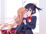  Score: 9 Tags: 2girls,black hair,blonde hair,blush,bowtie,chuunibyou demo koi ga shitai!,dekomori sanae,green eyes,hairclip,long hair,masamuuu,open mouth,school uniform,short hair,takanashi rikka,tears