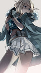  Score: 36 Tags: alternate hair color,belt,blonde hair,blue eyes,cloak,fujita (condor),girl,gloves,hair ornament,holding,kantai collection,looking away,maya heavy cruiser,miniskirt,mouth hold,sailor suit,single,skirt,tall image