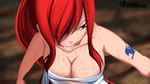  Tags: absurdres,bandage (bandages),breasts,erza scarlet,fairy tail,girl,grin,hair over one eye,highres,large breasts,light erotic,long hair,ponytail,red eyes,red hair,single,tattoo,wide image,zeroshinigamidark