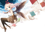  Score: 27 Tags: blue eyes,blush,book (books),cloud (clouds),girl,hair ribbon,long hair,open mouth,original,pantyhose,salt (salty),single,skirt,white hair,wings
