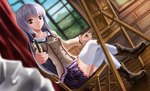  Tags: boots,crossed legs,girl,highres,long hair,looking at viewer,original,pencil,red eyes,rhineheim,silver hair,single,skirt,thighhighs,white thighhighs,wide image,window