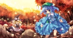  Tags: 2girls,autumn,blonde hair,blue eyes,blue hair,capura lin,eyes closed,kawashiro nitori,kirisame marisa,leaf (leaves),long hair,peaked cap,short hair,short twintails,sitting,touhou,tree (trees),water,widescreen,witch hat