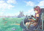  Score: 27 Tags: absurdres,bumbag,castle,cloud (clouds),elbow gloves,girl,gloves,goggles,highres,landscape,long hair,looking back,mechanical,myojo999,original,path,pointer,purple hair,solo,weapon