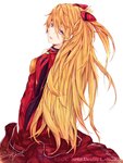  Tags: blue eyes,bodysuit,girl,hair ornament,long hair,looking back,marumoru,neon genesis evangelion,orange hair,plugsuit,simple background,single,soryu asuka langley,tall image,white