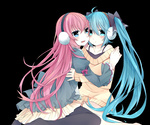 Tags: 2girls,ahoge,aqua eyes,aqua hair,hatsune miku,headphones,highres,long hair,megurine luka,miz 01,pink hair,transparent background,twintails,vocaloid