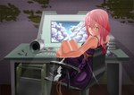  Score: 64 Tags: absurdres,boots,brown eyes,cloud (clouds),computer,dress,girl,guilty crown,highres,light,long hair,looking back,monitor,pink hair,sitting,sundress,yuzuriha inori