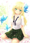  Score: 9 Tags: blonde hair,blush,boku wa tomodachi ga sukunai,breasts,butterfly,fringe,girl,green eyes,hair ornament,highres,kashiwazaki sena,light erotic,long hair,looking at viewer,marera gatsu (kiratsuki),open clothes,open mouth,petals,plaid skirt,school uniform,shirt,sitting,skirt,solo,tall image