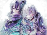  Score: 45 Tags: 2boys,blonde hair,eyes closed,fringe,jacket,light smile,male,nezumi (no.6),no.6,purple eyes,purple hair,scarf,shion (no.6),short hair,shounen ai,silver hair
