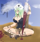  Score: 17 Tags: bleach,blood,braid (braids),deviant-003 (artist),girl,green hair,highres,large breasts,light erotic,long hair,mask,neliel tu oderschvank,sitting,solo,spear,spread legs,tall image,yellow eyes