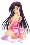  Score: 41 Tags: absurdres,ass,azuma yuki,black hair,blue eyes,blush,breasts,cameltoe,camisole,erect nipples,erotic,from behind,girl,hairband,highres,long hair,looking at viewer,looking back,original,panties,scan,simple background,single,striped panties,tall image,thighhighs