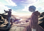  Score: 54 Tags:  blue hair cloud (clouds) coat hakumai hands in pockets hood horizon landscape looking away looking back male nezumi (no.6) no.6 pants red eyes scarf shion (no.6) short hair white hair 