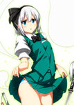  Tags: blue eyes,blush,bow,girl,hair ribbon,katana,konpaku youmu,light erotic,looking at viewer,miniskirt,myon,panties,ribbon (ribbons),sazanami mio,short hair,skirt,skirt lift,tall image,touhou,vest,weapon,white hair