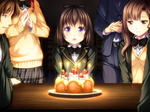  Tags: 2girls,black hair,brown eyes,brown hair,cake,game cg,joker (game),long hair,male,oryou (artist),purple eyes,school uniform,short hair