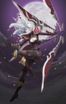  Score: 24 Tags: armor,boots,breasts,cleavage,cloud (clouds),fringe,from below,girl,gloves,irelia (league of legends),league of legends (game),light erotic,long hair,loped (pixiv),night,petals,silver hair,sky,solo,tall image,thigh boots,weapon