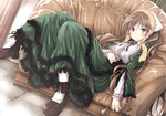  Score: 107 Tags: brown hair,dress,frills,girl,heterochromia,loli,lolita fashion,long hair,looking at viewer,rozen maiden,single,sofa,suiseiseki,tousen