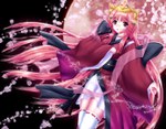  Tags: girl,hair ornament,japanese clothes,long hair,megurine luka,nohoho (kakikonchi),obi,open mouth,petals,pink eyes,pink hair,red moon,solo,traditional clothes,vocaloid,white thighhighs