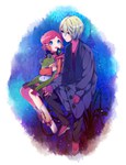  Tags: aquarion evol,black eyes,blonde hair,blue eyes,blush,couple,girl,gloves,holding hands,male,muso jin,open mouth,pink hair,short hair,stuffed animal,tall image,yunoha thrul