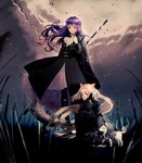  Tags: 2girls,animal,animal ears,blonde hair,blue eyes,cloud (clouds),dress,girls,gloves,original,pixiv fantasia,pixiv fantasia fallen kings,purple eyes,purple hair,scythe,sky,sudou kira,tall image,very long hair,weapon