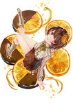  Tags: blush,brown hair,chocolate,from above,fruit,girl,hair ornament,knee boots,looking at viewer,mikuni (mikunik),open mouth,orange (fruit),orangette,original,pleated skirt,red eyes,short hair,signed,single,sitting,skirt,striped,sweets,tall image,valentine,white